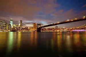 Night Picture Prints: View from Brooklyn across the East River to the skyline of Manhattan and Brooklyn Bridge