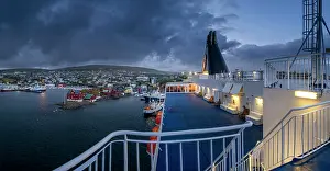 Ferry Prints: View of the capital Torshavn from ferry at night, Faroe Islands