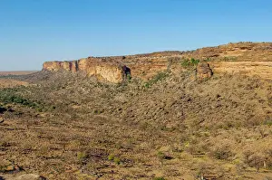 West Africa Prints: View of a Dogon village and the Cliffside dwellings of the former Tellem tribe (13th century)