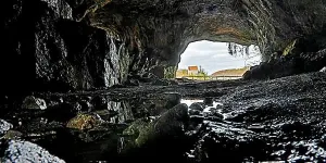 Fortifications Prints: View from the Feldhof Cave in the Hoenne Valley in Balve to Klusenstein Castle in Hemer