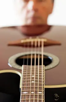 Braune Prints: View down the fretboard of guitar to face Macro shot down the fretboard of acoustic guitar with shallow depth of field