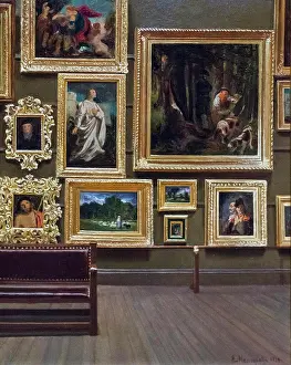 Boston Prints: View of a Gallery in the Museone of Fine Arts; Copley Square; 1877 Oil on paperboard Enrico Meneghelli American born