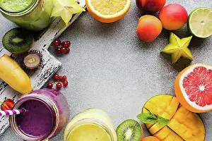 Vegetables Prints: Top view healthy fruit smoothies frame