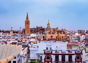 Andalucia Prints: View from Metropol Parasol towards The Church of the Divine Savior and The Cathedral at sunset