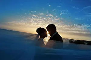 Anonymous Prints: Side view of newlyweds hugging in park near trees at night
