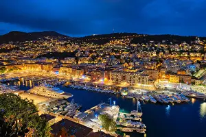 Blue Hour Prints: View of Old Port of Nice with luxury yacht boats from Castle Hill
