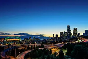 Puget Sound Prints: View of Seattle Skyline at Night Overlooking I-5 and Lumen Field