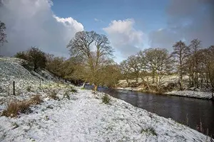 Weather Prints: View of snow covered riverbank and river