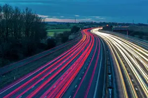 Highways Prints: View of traffic trail lights on M1 motorway near Chesterfield