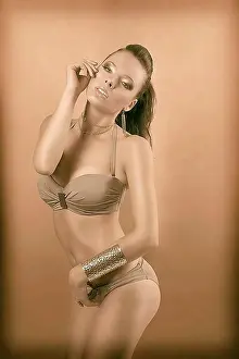 Gorgeous Prints: vintage color shot of sexy girl in bikini with brown hair and two gold bracelets