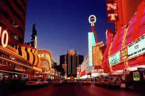 Nevada Prints: Vintage photo of Neon lights of casinos and restaurants lit up at night