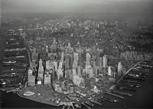 Lower Prints: Vintage Photograph. Aerial view of Lower Manhattan showing the Financial District and newly constructed Battery Park