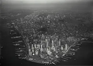 Lower Prints: Vintage Photograph. Aerial view of Lower Manhattan showing the Financial District and newly constructed Battery Park