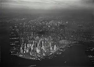 Lower Prints: Vintage Photograph. Aerial view of Lower Manhattan showing the Financial District and newly constructed Battery Park