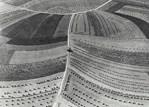 Dirt Road Prints: Vintage photograph. Aerial view of farm fields in Belgium