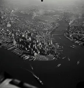 Lower Prints: Vintage Photograph. Aerial view of Lower Manhattan skyscrapers and ships in the East River