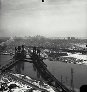 Railroad Prints: Vintage Photograph. Aerial view of railroad bridges over Hackensack River, New Jersey