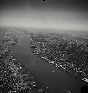 Hudson Prints: Vintage Photograph. Aerial view of ships on Hudson River with New Jersey and New York shorelines