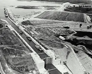 B And W Prints: Vintage Photograph. Air view of vessels passing through Dwight D. Eisenhower Lock