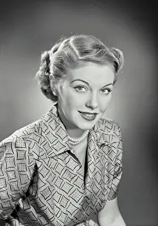 Jean Prints: Vintage photograph. Blonde woman wearing blouse with diamond/polka dot pattern