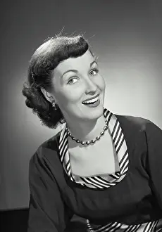 Earring Prints: Vintage photograph. Brunette woman wearing blouse with striped neck border pattern