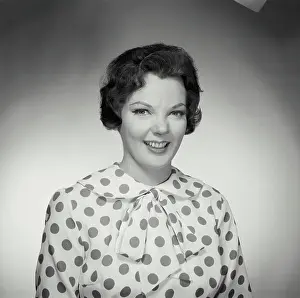Cynthia Prints: Vintage Photograph. Brunette woman wearing polka dot blouse looking at camera smiling