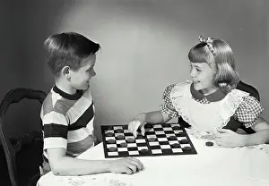 Tablecloth Prints: Vintage photograph. Children at table playing checkers