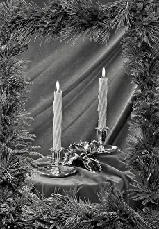 Bells Prints: Vintage Photograph. Christmas scene with candles, holly, and bells. Frame 2