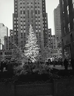 Plaza Prints: Vintage photograph. Christmas tree scene in plaza. Rockefeller Center