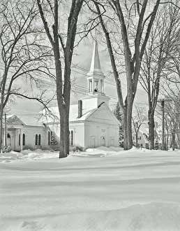 Maine Prints: Vintage photograph. Congregational Church at Bethel, Maine. Winter, snow, New England