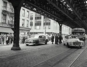 Taxi Prints: Vintage photograph. Crowd gathered around a bus and taxi accident on 3rd Avenue