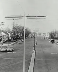 Hills Prints: Vintage photograph. Six foot fluorescent street light in the Far Hills shopping center