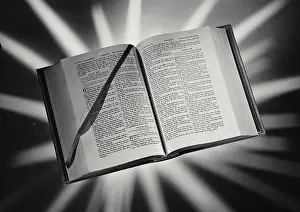 Faith Prints: Vintage Photograph. Holy Bible open with light burst design on background, Frame 6