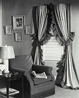 Curtains Prints: Vintage photograph. Living room with striped - chambray curtains
