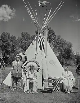 Senior Women Prints: Vintage photograph. Native Americans selling beaded work, blankets, and other craft work