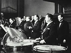 Percussion Prints: Vintage photograph. Percussion section in Thomas Beecham Royal Philharmonic Orchestra