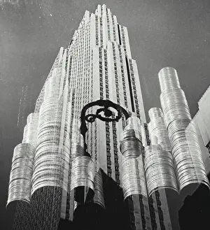 Stacks Prints: Vintage photograph. Photo illustration showing stacks of coins along with photo of Rockefeller Center in New York City