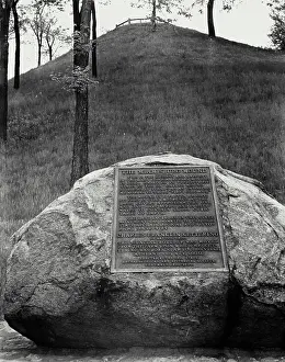 Ohio Prints: Vintage Photograph. Plaque on the Miamisburg mound which is the largest of prehistoric Indian mounds in Ohio