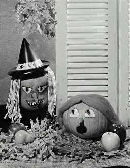 Culture Prints: Vintage Photograph. Pumpkins decorated as Halloween decorations. Frame 2