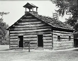 Log Cabin Prints: Vintage Photograph. Reconstructed replica of the First Public School of the Northwest Territory
