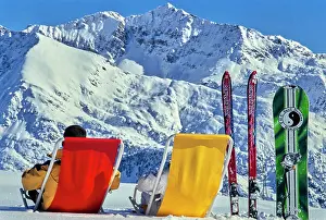 Frosty Prints: Vintage Photograph. Relaxing in the snowy mountains, enjoying a perfect ski day