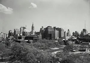 Public Prints: Vintage Photograph. Rooftop view of the Philadelphia skyline from the Public Library