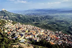 Greenery Prints: Vintage Photograph. Scenic aerial view of a picturesque town nestled in lush green mountains