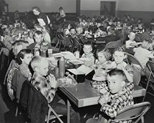 Cafeteria Prints: Vintage photograph. School children drinking milk made available to them under the Special Milk Program