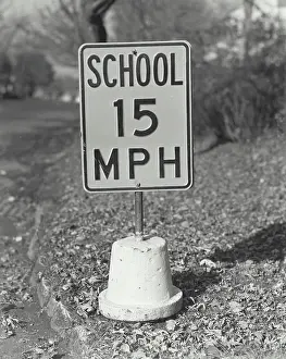 Roadside Prints: Vintage Photograph. School zone sign
