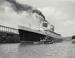 Ships Prints: Vintage photograph. ss united states billowing smoke from chimneys