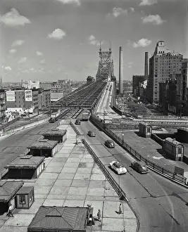 New York City Prints: Vintage photograph. view of bridge with cars coming and going. Queensboro Bridge