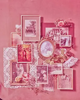 Pink Prints: Vintage Photograph. Vintage photography collage with romantic lace accents and floral decorations