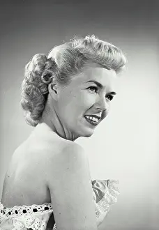 Meme Prints: Vintage photograph. woman in strapless dress smiling off camera