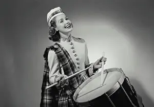 Drum Prints: Vintage Photograph. Woman in traditional Scottish clothing playing the drum. Frame 3